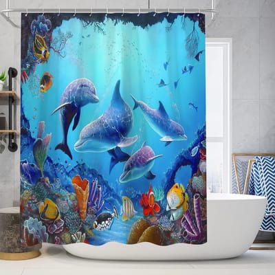 Floraweg Douchegordijn,Shower Curtain,badgordijn,badkamergordijn,Dolfijn in de zee ,-topkwaliteit - digitale printen -Anti Schimmel - Inclusief 12 ringen -met 12 stuks douchegordijnhaken – Waterdicht -Wasbaar- Polyester - 180x200 cm