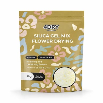 4DRY Flower Mix met Kleurindicator | 2 kg | Hersluitbare zak | Silica Gel voor Bloemen Drogen | Wit 0,2 - 0,8mm | Fijne korrel