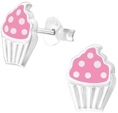 Joy|S - Zilveren cupcake oorbellen - 8 x 10 mm - zilver roze met witte stipjes