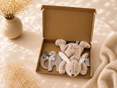 Kraamcadeau Baby Beige – Knuffel & Speenkoord – Luxe Cadeauset – Past door de Brievenbus – neutraal – jongen – meisje – kraampakket – babyshower – geschenkset