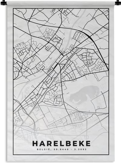 Wandkleed - Wanddoek - België – Harelbeke – Stadskaart – Kaart – Zwart Wit – Plattegrond - 120x180 cm - Wandtapijt