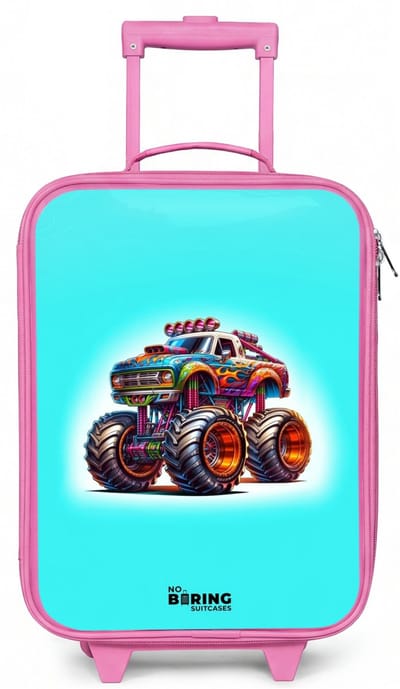 NoBoringSuitcases.com® - Kinderkoffer roze - Kindertrolley meisje - Monstertruck op Lichtblauwe Achtergrond - Koffer kind lichtgewicht - Reiskoffer trolley voor kinderen - Koffertje met lichtgevende wieltjes - Rolkoffer