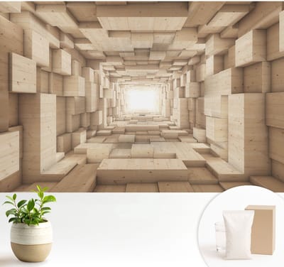 Wallfluent Behang - Houten tunnel Muurbehang - 104x70 cm - Beige Behang - Voor natuur- en kunstliefhebbers - Behang Voor de slaapkamer, woonkamer en badkamer - Behangrol Architectuur