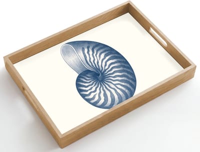 Dienblad hout 50x35 cm - Schootdienblad - Blauw - Schelp - Spiraal - Borrelplank rechthoek - Plateau dienbladen