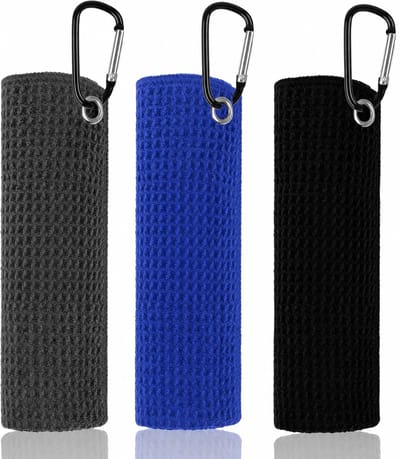 BOTC Golf Handdoek - 3 Stuks – 16 x 16 Inch Wafelpatroon Microvezel Golfdoeken met Karabijnhaak – Super Absorberende Golf Towel – Zwart, Grijs & Blauw