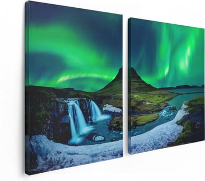 Artaza Canvas Schilderij Tweeluik Noorderlicht bij de Watervallen in IJsland - 120x80 cm - Wanddecoratie Woonkamer - Schilderijen - Muurdecoratie