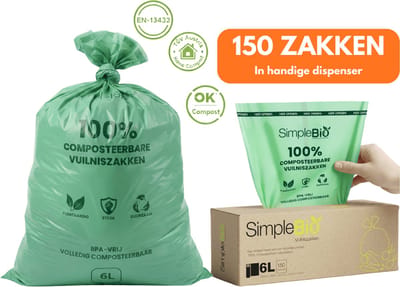 Biozakken 6 liter - 150 stuks biologisch afbreekbare afvalzakken - 35 x 36 cm - GFT zakken - 100% composteerbare afvalzakjes 6 liter - GFT afvalzakken - 6l groene biozakken - bio zakjes 5 liter - bio zakjes 6 liter - composteerbare afvalzakjes 5l