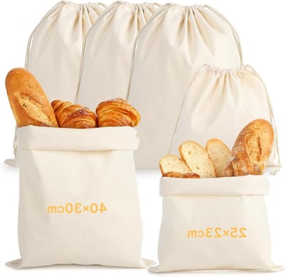 Set van 6 Herbruikbare Linnen Zakjes voor Brood, Rijst, Groenten en Fruit – 4 Stuks 40 x 30 cm en 2 Stuks 25 x 23 cm met Trekkoord