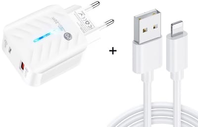 20W Snellader met USB + USB-C - PD3.0 & QC3.0 - Inclusief 1 meter USB naar 8-Pin Laad- en Datakabel Oplader - geschikt voor iPhone en iPad - wit