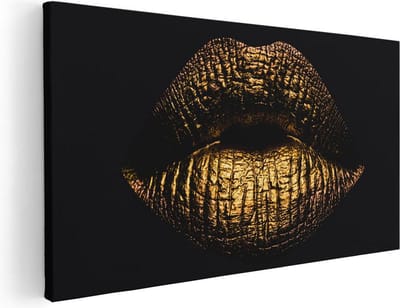 Artaza Canvas Schilderij Gouden Lippen - 40x20 cm - Klein - Wanddecoratie Vrouw - Muurdecoratie Goud - Schilderijen Op Canvas