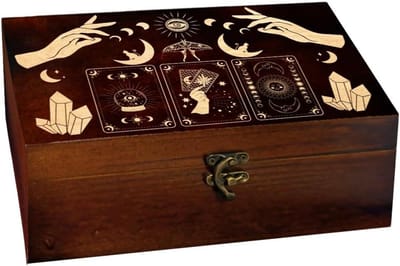 Houten Herinneringsdoos - Tarot Kaart Kist - Sieraden Opbergen - Maanfase Gravure - 24x14x9 cm - Houtkleur