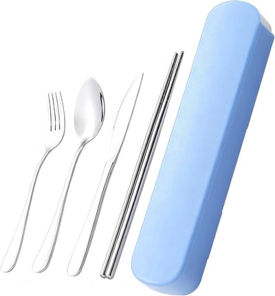 Draagbaar Bestekset van RVS voor Kamperen met Etui - Bestek voor 1 Persoon met Mes, Vork, Lepel en Stokjes, Perfect voor Buitenactiviteiten, Reizen en Werk