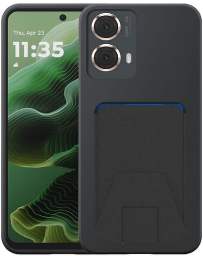 Geschikt voor Motorola Moto G35 Telefoonhoesje met Verstelbare Leren Pasjeshouder - Flexible Back Cover Case Siliconen TPU with Adjustable Leather Cardslot - Zwart - Smartphonica geschikt voor Motorola Moto G35