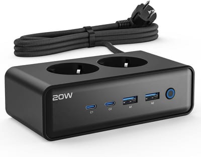 StayPowered Stekkerdoos met USB - Kracht & Veiligheid in Compacte Vorm - 2 Stopcontacten - 2 USB-C (20W) - 2 USB-A - Overspanningsbeveiliging - Aan/Uit Schakelaar - 2m Kabel - Antislipvoet - Zwart - Levering Sneller dan Aangegeven!
