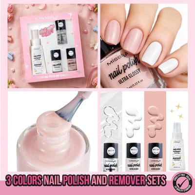 MSSLYN-3 Kleur Nagellak en Verwijderaar Set, Nude Roze Wit Sets, Hoog Pigment Glanzend, Geen Licht Nodig, Gladde Streeploze Formule, Creëer Zoete tot Coole DIY Nagellakstijlen, Langdurige Neutrale Kleuren, Geschikt voor Kantoor en Dagelijks Gebruik