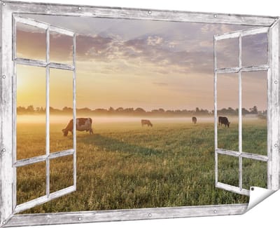 Gards Tuinposter Doorkijk Koeien in de Wei tijdens Zonsopkomst - 180x120 cm - Tuindoek - Tuindecoratie - Wanddecoratie buiten - Tuinschilderij