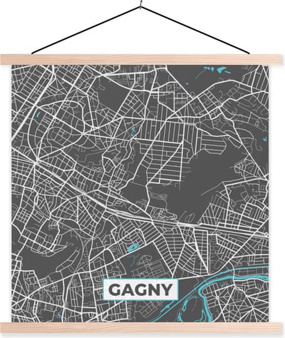 Posterhanger incl. Poster 40x40 cm - Schoolplaat - Stadskaart - Kaart - Plattegrond - Gagny - Frankrijk - Textielposter - Blanke latten - Stadskaart
