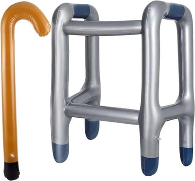 Opblaasbare loopondersteuning en wandelstok, kostuumaccessoire voor carnaval als oma of opa, leuk voor verjaardagen en feestjes