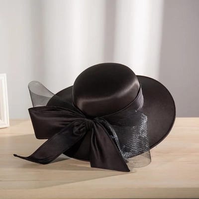 Franse Stijl Satijnen Strik Dameshoed - Elegante Bruiloft Fedora & Zonnehoed voor Banket Bruidsfeest zwart
