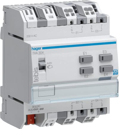 Hager KNX Binaire ingang 4-voudig, interface 230V AC naar KNX bus, seriemontage, 4 PLE - TXA304