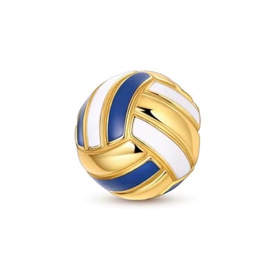Fler® | Bedel | Past op populaire bedelarmbanden (standaard - 3mm) | Goudkleurige Volleybal Bedel | Hangbedel Charm | 925 sterling zilver | Blauwe & Witte emaille | Valentijnsdag Cadeau | Sinterklaas kado | Kerstcadeau | Verjaardagsgeschenk