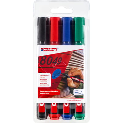 edding 330 permanent marker - zwart, rood, blauw, groen - 4 stiften - beitelpunt 1-5 mm - water en wrijfvast - voor karton, kunststof, hout, metaal, etc. - alcohol markers voor volwassenen