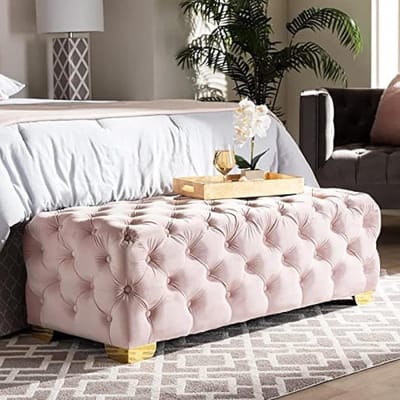 Gestoffeerde bank - Ottomaanse poef - Extra zitplaats - Knop getuft design - 70x50x40 cm - Roze