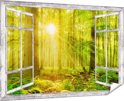 Gards Tuinposter Doorkijk Groen Bos met Schijnende Zonnestralen - 180x120 cm - Tuindoek - Tuindecoratie - Wanddecoratie buiten - Tuinschilderij