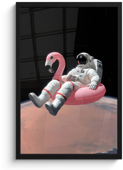Poster in lijst - Fotolijst 40x60 cm - Posters - Astronaut - Flamingo - Zwemband - Roze - Posterlijst zwart - Decoratie - Wanddecoratie woonkamer - Muurdecoratie slaapkamer