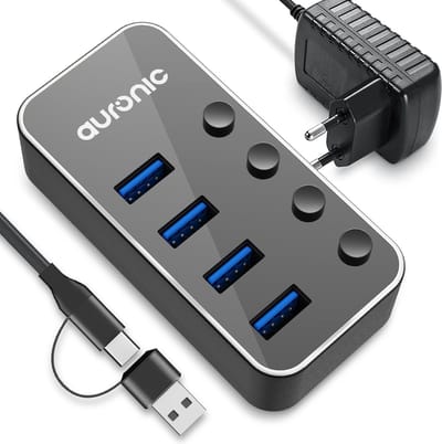 Auronic USB C Hub - USB Splitter met Voeding - 4 Poorten - USB 3.0 - Docking Station - USB C naar USB A - 5 Gbps - Zwart