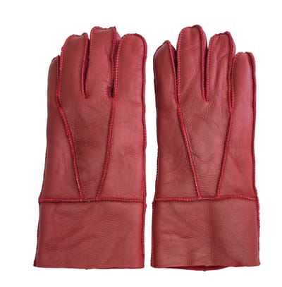 Unisex rode schapenvacht leren handschoenen met oprolbare/neerwaartse manchetten