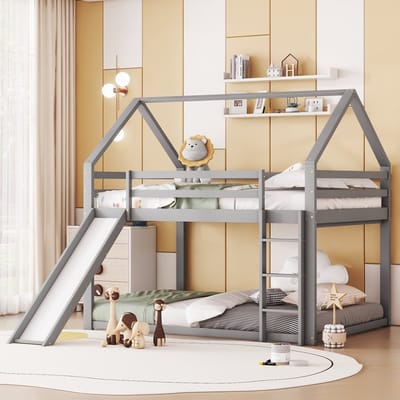 Gutent Kinderstapelbed (Zonder matras) met Glijbaan en Ladder, Grijs, 140x200 cm