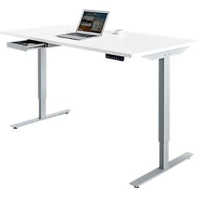 Bureau START OFF - elektrisch in hoogte verstelbaar - B 1600 x D 800 x H 755-1255 mm – T poot - blank alu - lichtgrijs + accessoire lade - ons merk Schäfer Shop Select