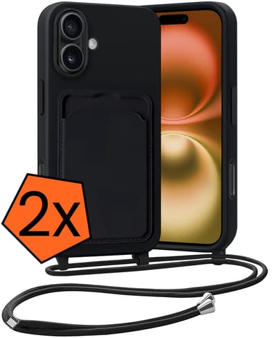 Hoesje Geschikt voor iPhone 16 Plus Hoesje Met Telefoonketting Pasjeshouder Case Koord - Hoesje Geschikt voor iPhone 16 Plus Hoes Met Kaarthouder - Zwart - 2 PACK