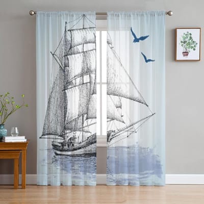 Boot Tekening Tule Transparante Gordijnen voor Woonkamer Decoratie Gordijn voor de Kamer Slaapkamer Keuken Voile Organza Gordijnen 135W x 114H(cm) white