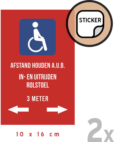 Pictogram/ stickers (2x) | "Afstand houden a.u.b. - In- en uitrijden rolstoel - 3 meter" | 10 x 16 cm | Gehandicapt | Invalide | Rolstoelgebruiker | Rolstoel | Invaliditeit | Rol stoel | Sticker | 2 stuks