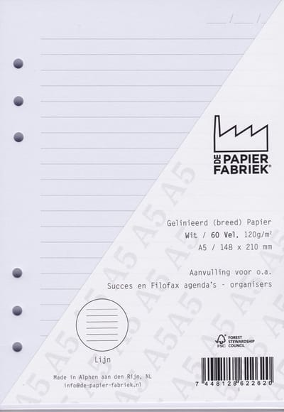 Aanvulling A5 geschikt voor o.a. Filofax, Succes Losbladige Planners 60 Vel, 120g/m² Gelinieerd Wit Papier
