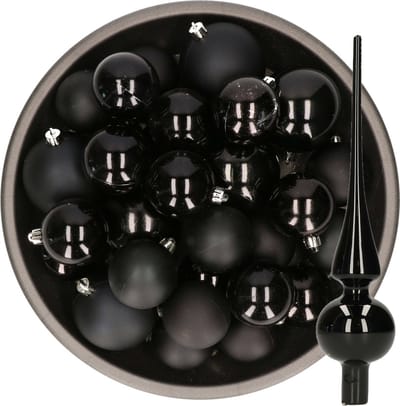 Kerstversiering kunststof kerstballen zwart 6-8-10 cm pakket van 45x stuks - Met een glazen piek van 26 cm