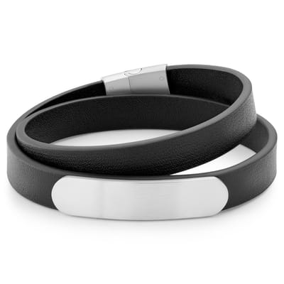 Nomen | Zilverkleurige en Zwarte Leren ID-wikkelarmband