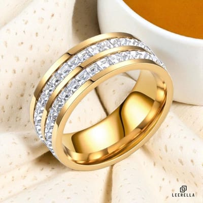 Leerella Verbluffende Luxe Ring met Dubbele Zirkonia Rij Goudkleurig 7/17,25mm van Hoogwaardig RVS
