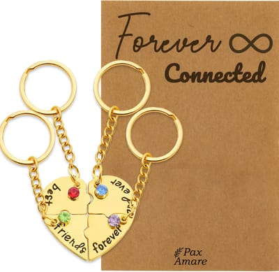 BFF Sleutelhanger voor 4 'Forever Connected' - Hartje Puzzelstukjes & Kristal - Sleutelhanger set op Cadeau Kaartje - Goudkleurig - Vriendschap Symbool - Pax Amare