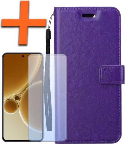 Hoes - Met Screenprotector - Geschikt voor OnePlus Nord 3 - Luxe Pasjeshouder - Bookcase Portemonee - Flip Case - Kunstleer Book Case - Flipcase - Book Cover - Walletcase - PortemonneeHoes - Paars