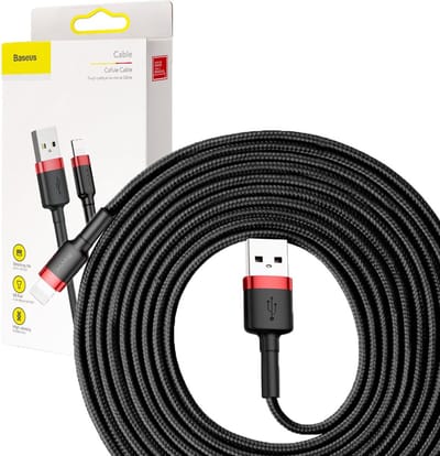 Baseus - Universele USB naar Lightning kabel - Geschikt voor o.a. Apple/iPhone en andere apparaten - 3 Meter - 2.5A - Zwart/Rood