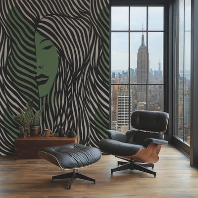 Fotobehang Profhome 790164-GU vliesbehang hardvinyl warmdruk in reliëf licht gestructureerd met grafisch patroon mat zwart beige groen 1,59 m x 2,8 m