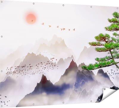 Gards Tuinposter Bergenlandschap met een Boom - Abstract - 160x120 cm - Tuindoek - Tuindecoratie - Wanddecoratie buiten - Tuinschilderij