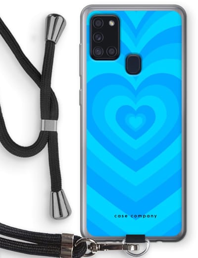 Case Company® - Hoesje met koord geschikt voor Samsung Galaxy A21s hoesje met Koord - Hart Blauw - Telefoonhoesje met Zwart Koord - Bescherming aan alle Kanten en Over de Schermrand