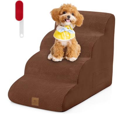 COSTWAY Hondentrap, 4 treden, antislip, hondentrap van schuim, huisdiertrap voor honden en katten, afneembaar, hondentrap voor bank, bed, wasbare hoes (bruin)
