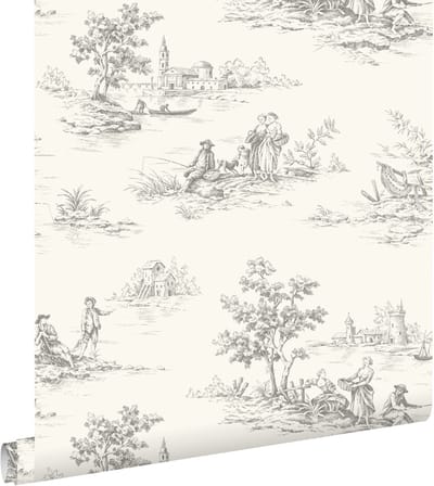ESTAhome behang toile de jouy print grijs - 0.53 x 10.05 m - 132106