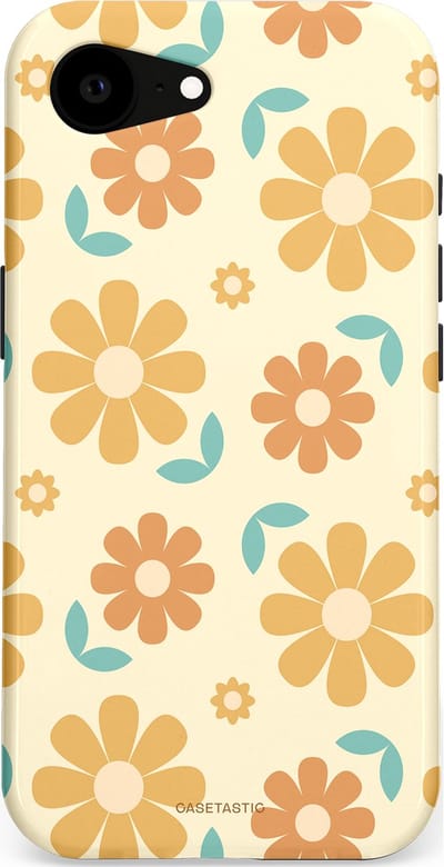 Casetastic hoesje geschikt voor Apple iPhone 16e / Apple iPhone 17e - MagSafe - Dubbellaagse bescherming - Flower power Retro Bloemen - Geel - Oranje - Blauw - Fashion Case - Crème Goud Perzik