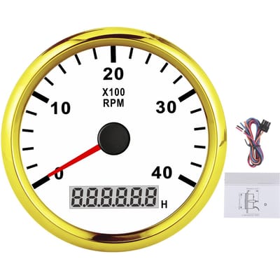 Tachymètre Bateau Pointu LCD Numérique 85mm 4000RPM avec Rétroéclairage Rouge IP67 Étanche 12V 24V White background gold frame